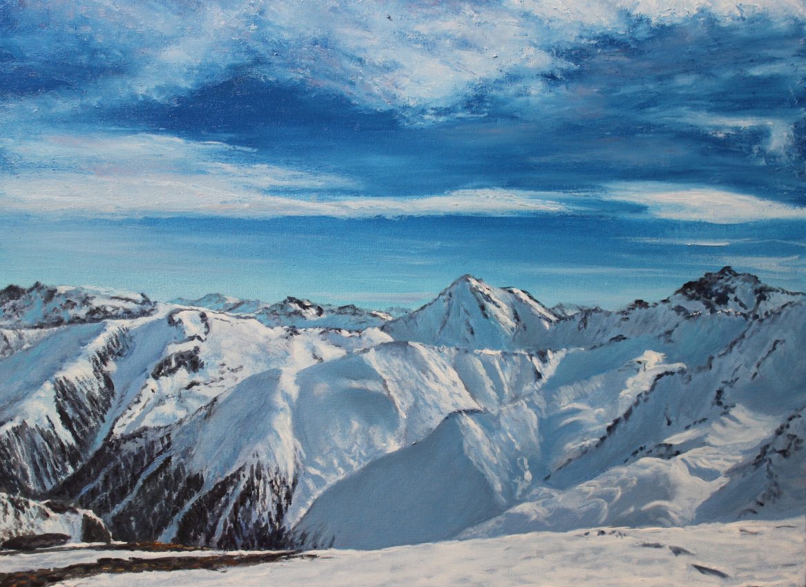 The Alps — white winter oil painting by Viktor Kucheryavyy, 