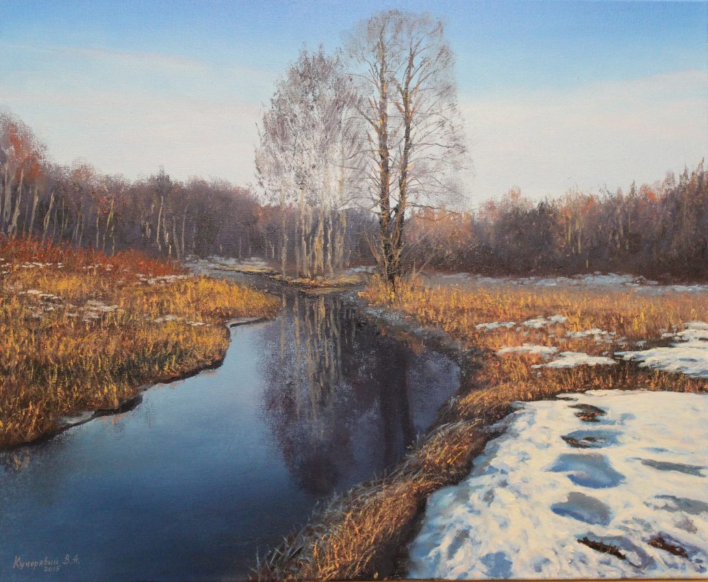 The Thaw — white winter oil painting by Viktor Kucheryavyy, 45 x 55 cm