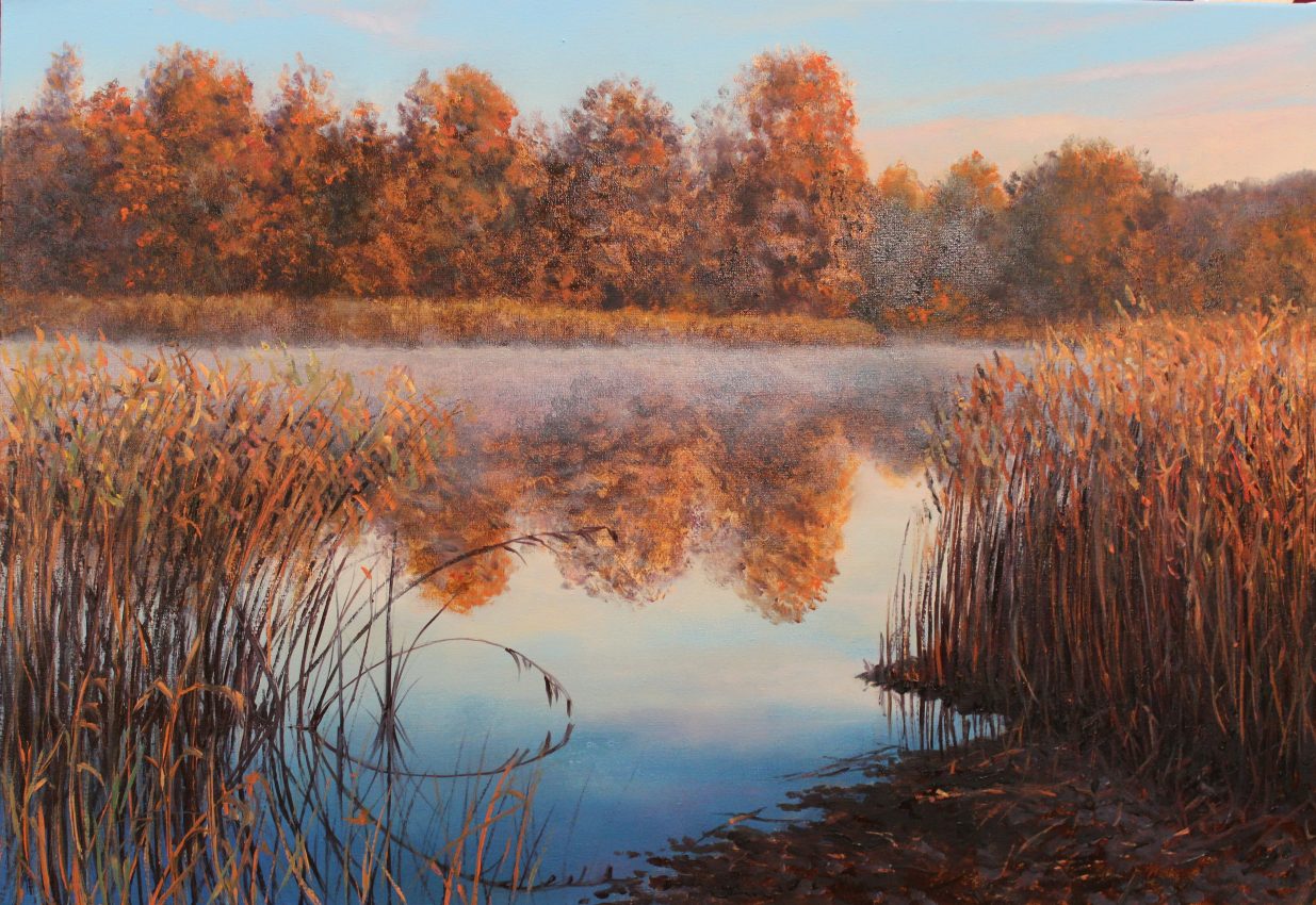 Crisp Morning — golden fall oil painting by Viktor Kucheryavyy, 45 x 65 cm