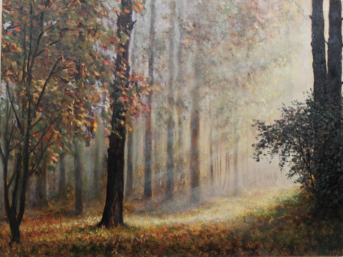 Strolling Through the Woods — golden fall oil painting by Viktor Kucheryavyy, 