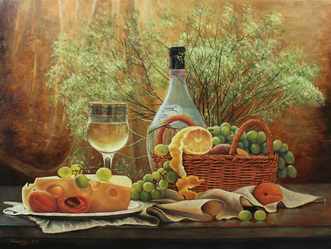 Wine and Cheese — nature mort oil painting by Viktor Kucheryavyy, 