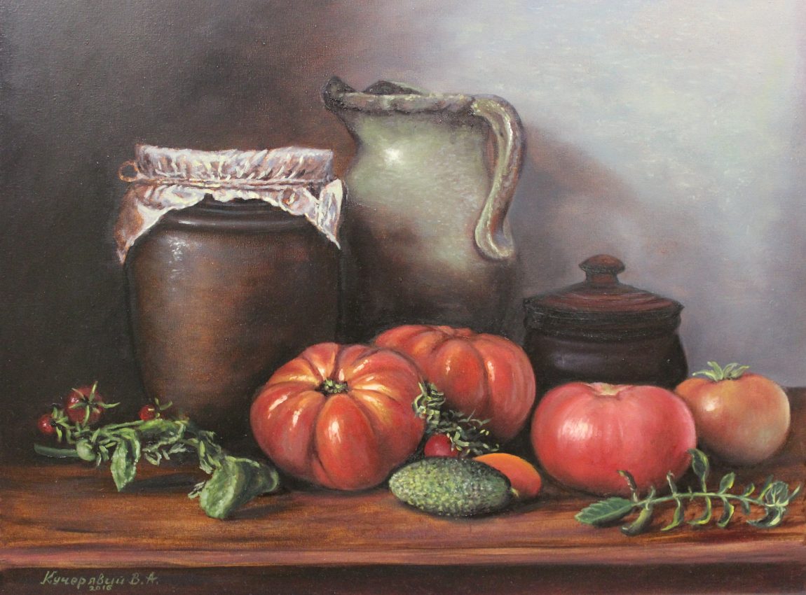 Still Life with Tomatoes — original oil on canvas painting, 45 x 60 cm, 2016