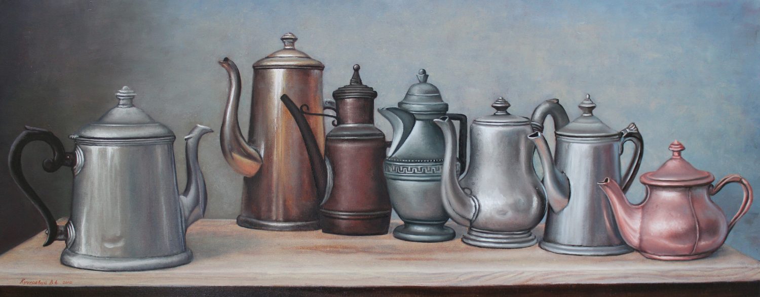 The Teapot Collection — nature mort oil painting by Viktor Kucheryavyy, 