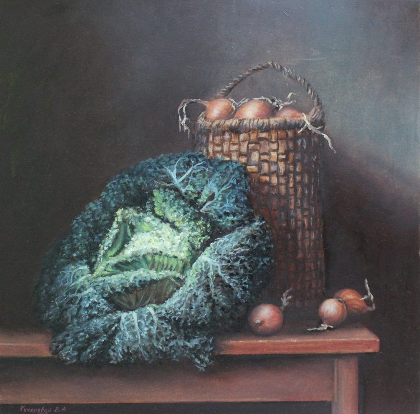 Fresh from the Vegetable Patch — original oil on canvas painting, 50 x 50 cm, 2016