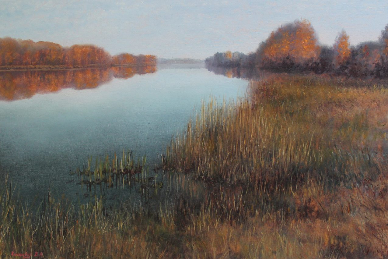 Evening Haze — golden fall oil painting by Viktor Kucheryavyy, 