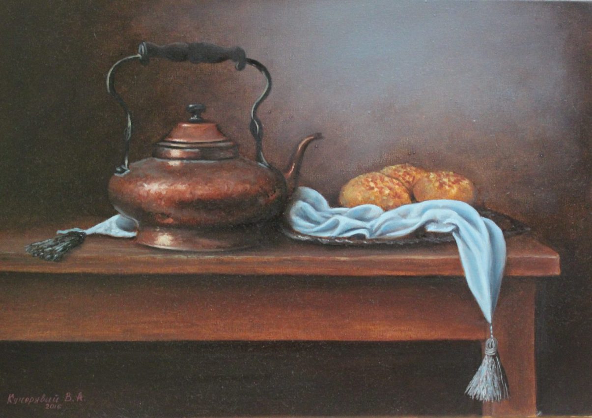 Copper Kettle and Bread — nature mort oil painting by Viktor Kucheryavyy, 