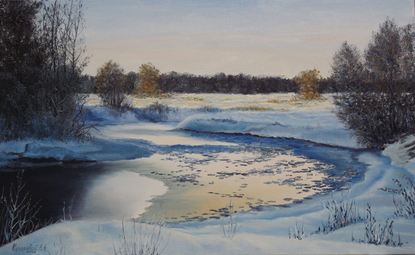 Snowy Stillness — sunsets & dawns oil painting by Viktor Kucheryavyy, 