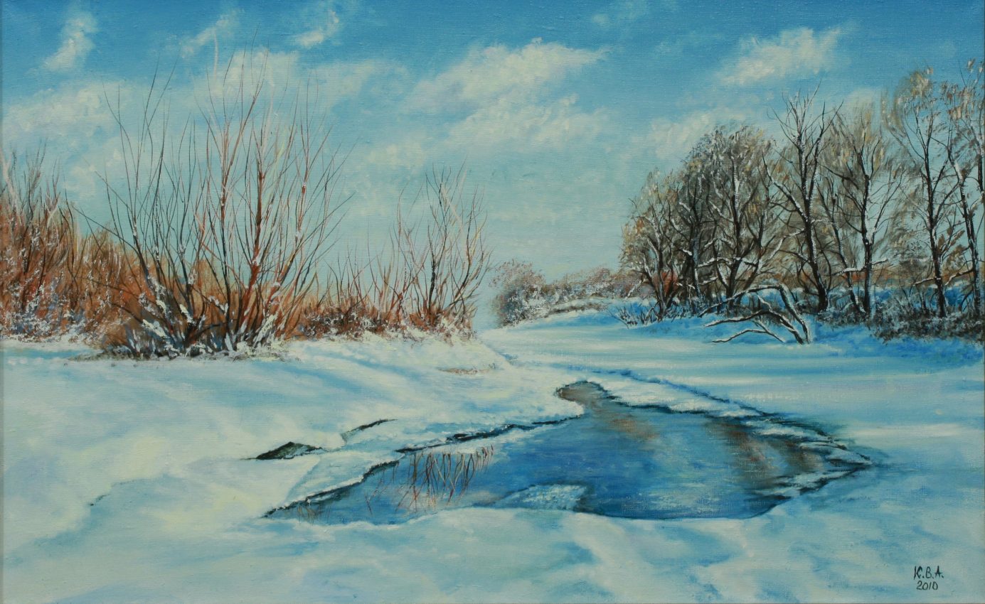 Awaiting Spring — white winter oil painting by Viktor Kucheryavyy, 50 x 80 cm