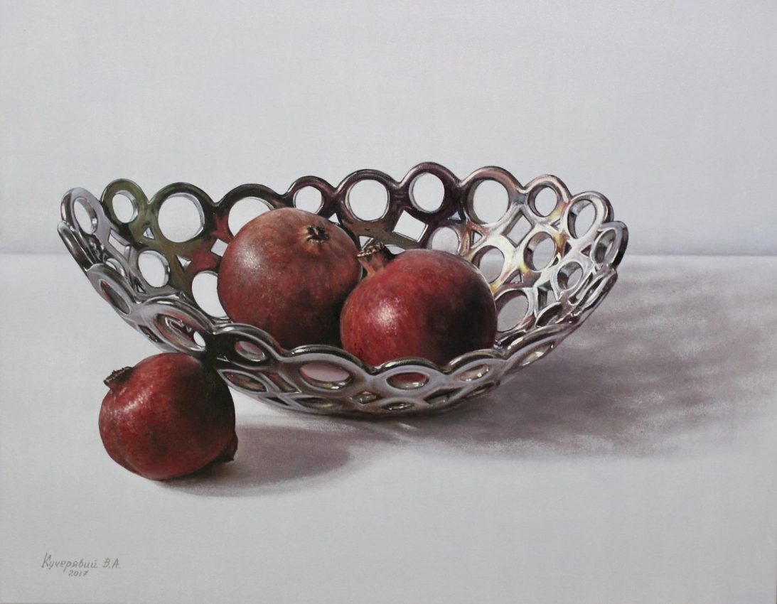 Pomegranates in a Silver Bowl — nature mort oil painting by Viktor Kucheryavyy, 