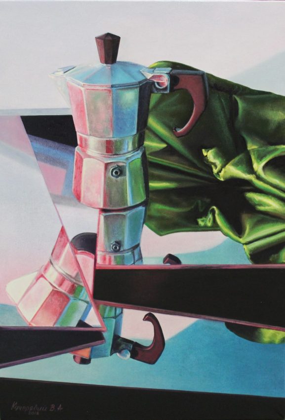 Moka Pot Reflections — nature mort oil painting by Viktor Kucheryavyy, 