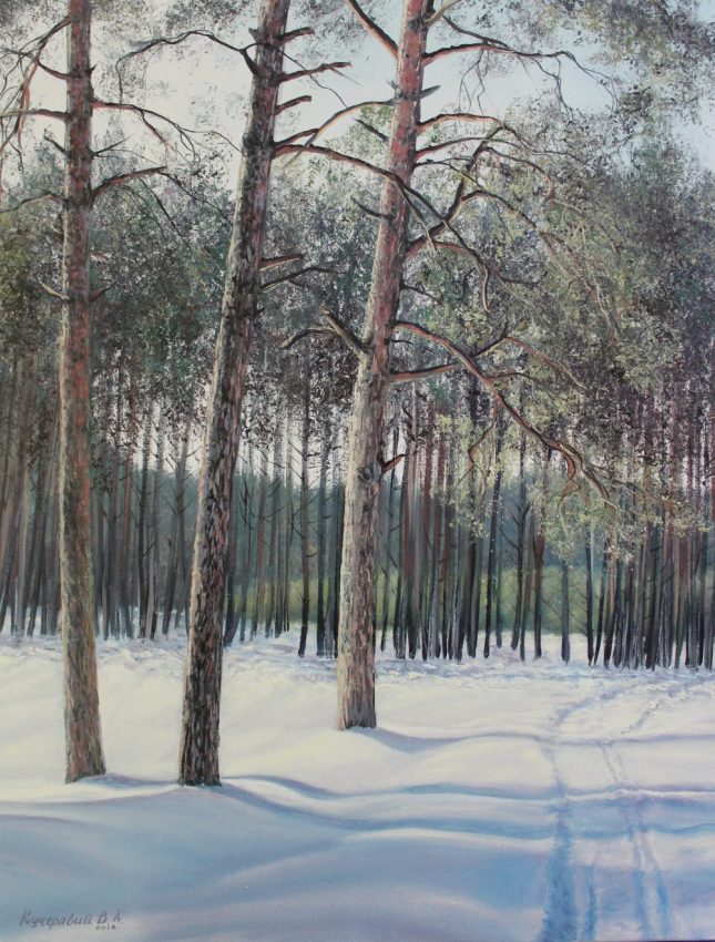 Sunny Winter Day — white winter oil painting by Viktor Kucheryavyy, 