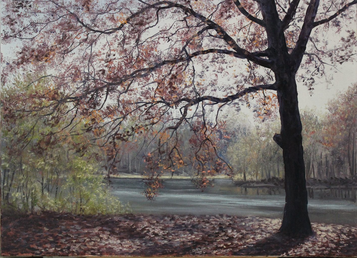 Solo in Burgundy — golden fall oil painting by Viktor Kucheryavyy, 40 x 55 cm