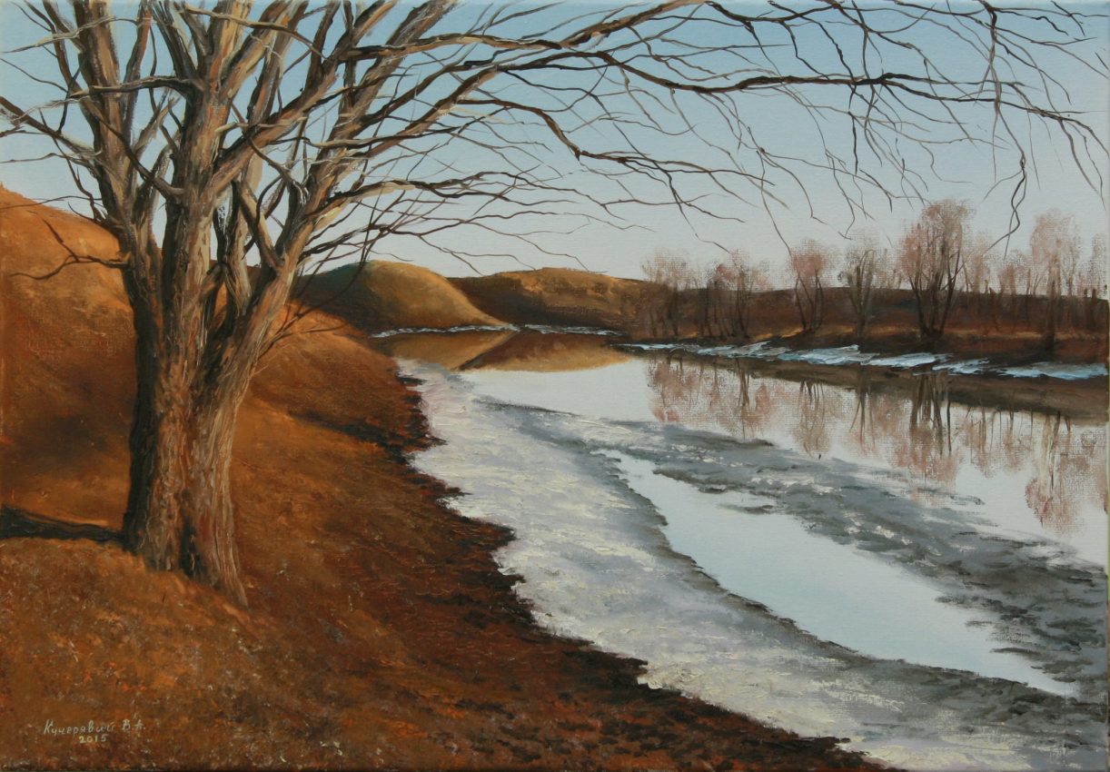 The Scent of Spring — white winter oil painting by Viktor Kucheryavyy, 35 x 50 cm