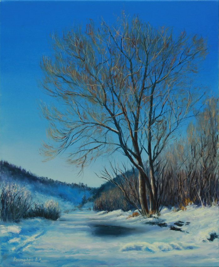 The Quiet — white winter oil painting by Viktor Kucheryavyy, 55 x 45 cm