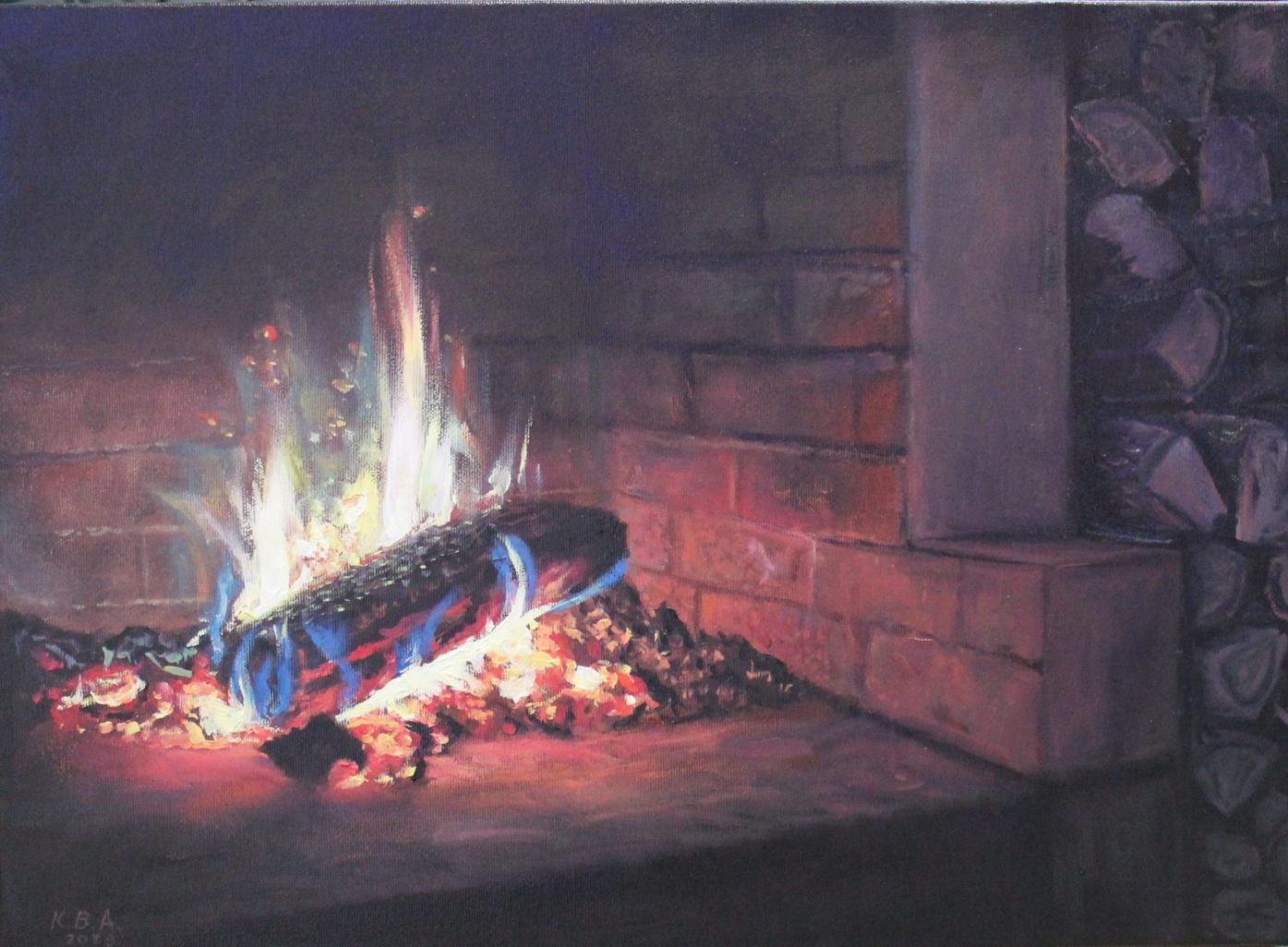 By the Fireplace — original oil on canvas painting, 40 x 55 cm, 2023