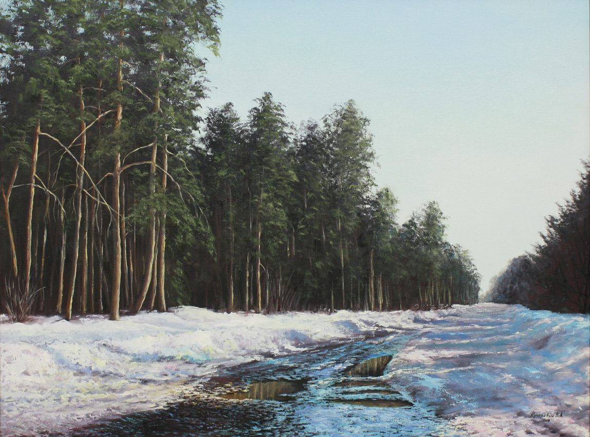 Waiting for the Warmth — white winter oil painting by Viktor Kucheryavyy, 60 x 80 cm