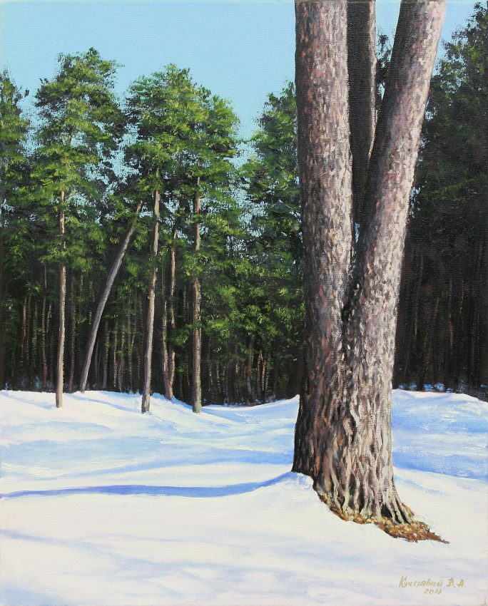 Forest in Winter — white winter oil painting by Viktor Kucheryavyy, 