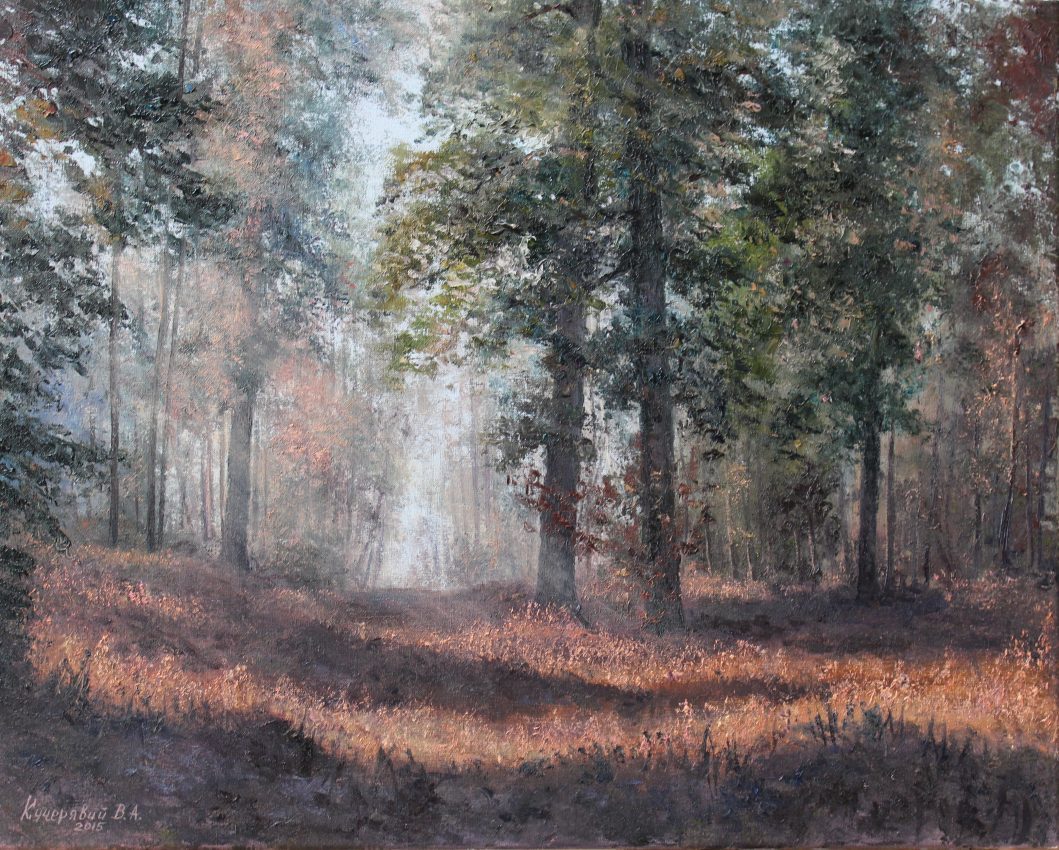 At Dawn — golden fall oil painting by Viktor Kucheryavyy, 