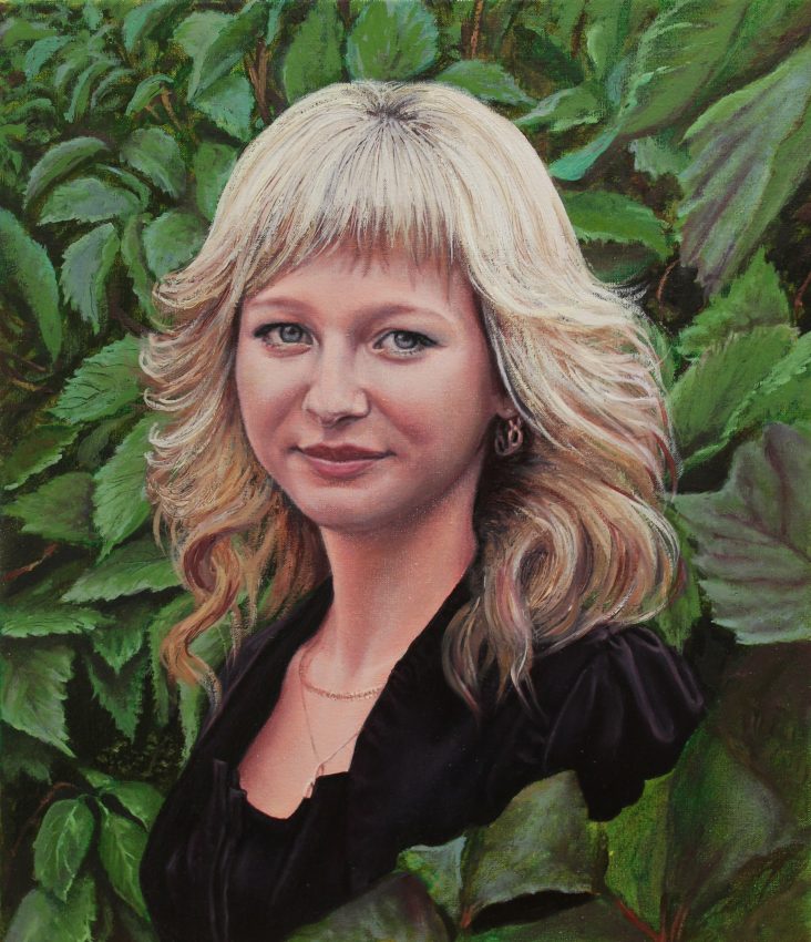Blonde Woman & Greenery — original oil on canvas painting by Viktor Kucheryavyy