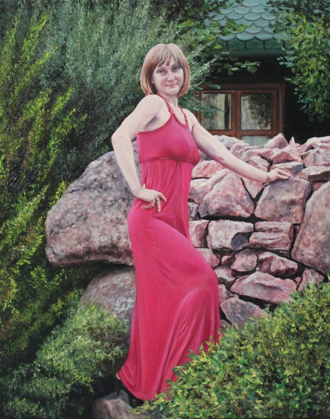 A Woman in Red — original oil on canvas painting by Viktor Kucheryavyy